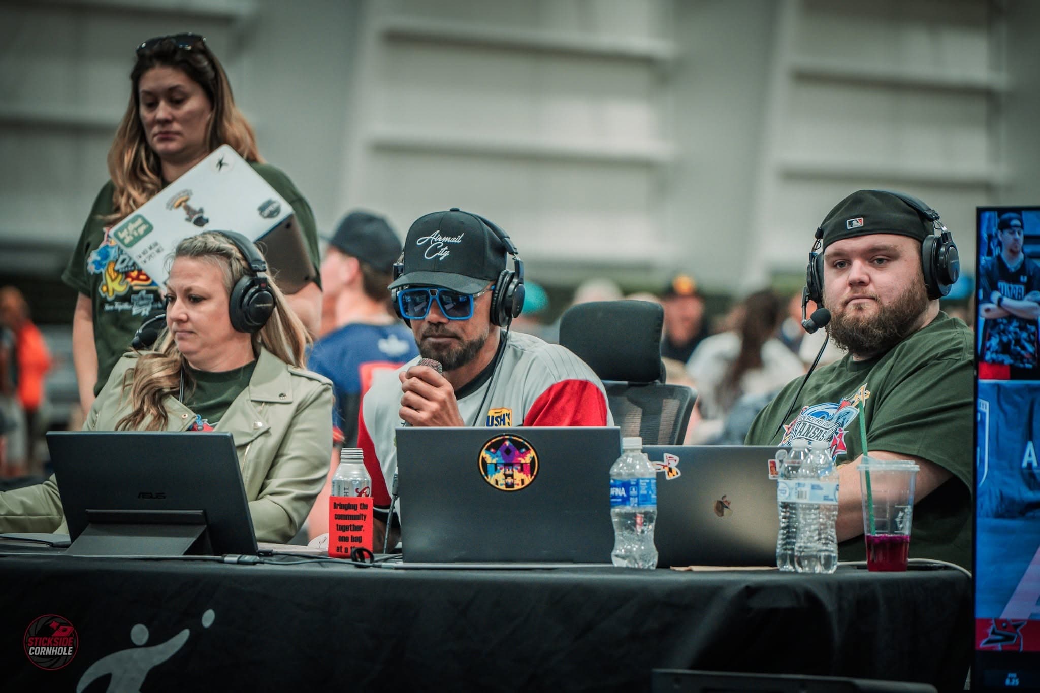 The Stickside broadcast desk — casting a cornhole event